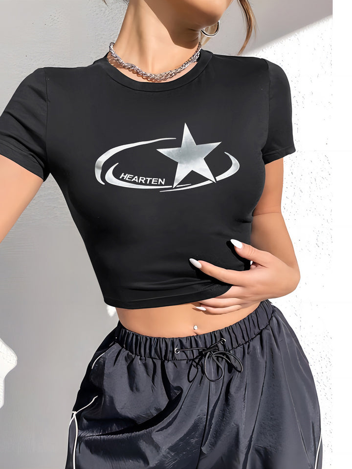Damen Crop-T-Shirt mit glänzendem Sternmotiv und figurbetontem Schnitt Echo Archiv