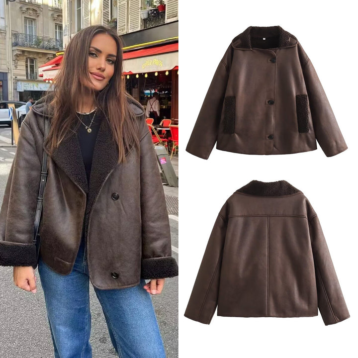 Damen Kurze Lammfelloptik Fliegerjacke mit Teddyfutter und Knopfleiste Echo Archiv