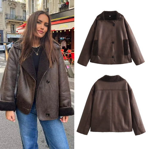 Damen Kurze Lammfelloptik Fliegerjacke mit Teddyfutter und Knopfleiste Echo Archiv
