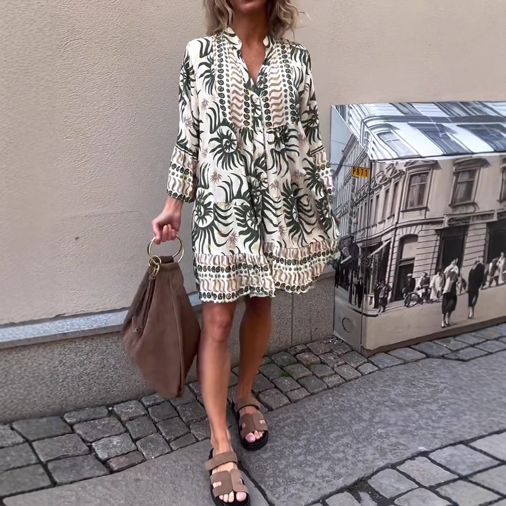 Damen nan locker geschnittenes Boho-Tunikakleid mit V-Ausschnitt geraffter Empire-Naht und Volant-Saum Echo Archiv