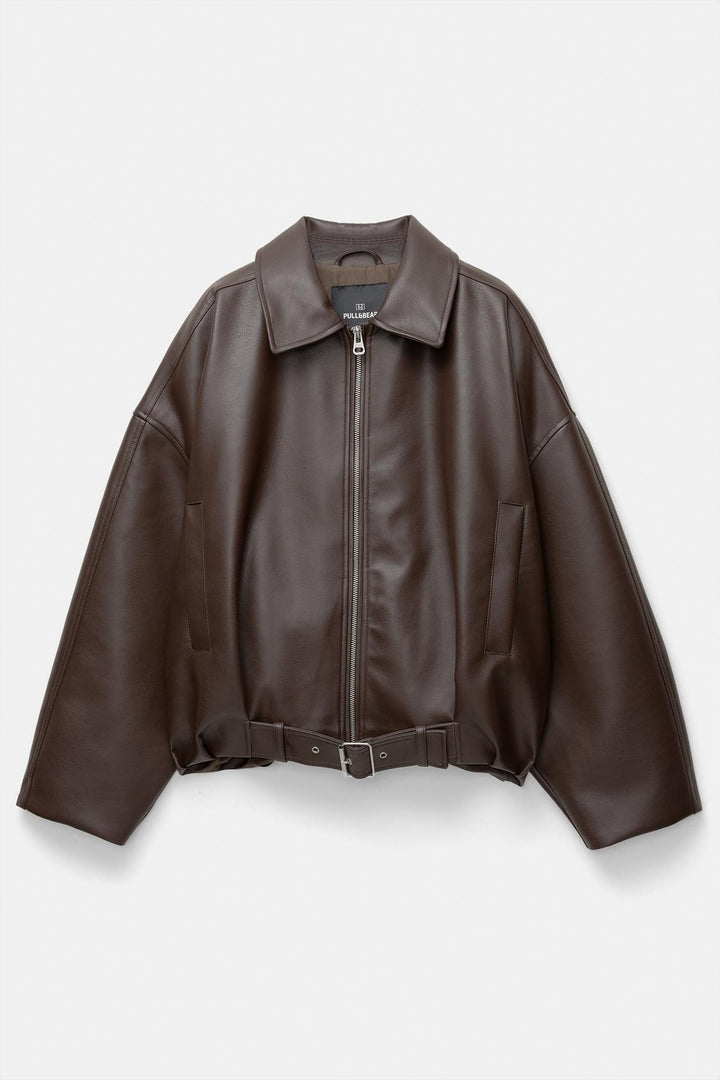 Damen Oversized Lederimitat-Blouson mit Taillengürtel Echo Archiv