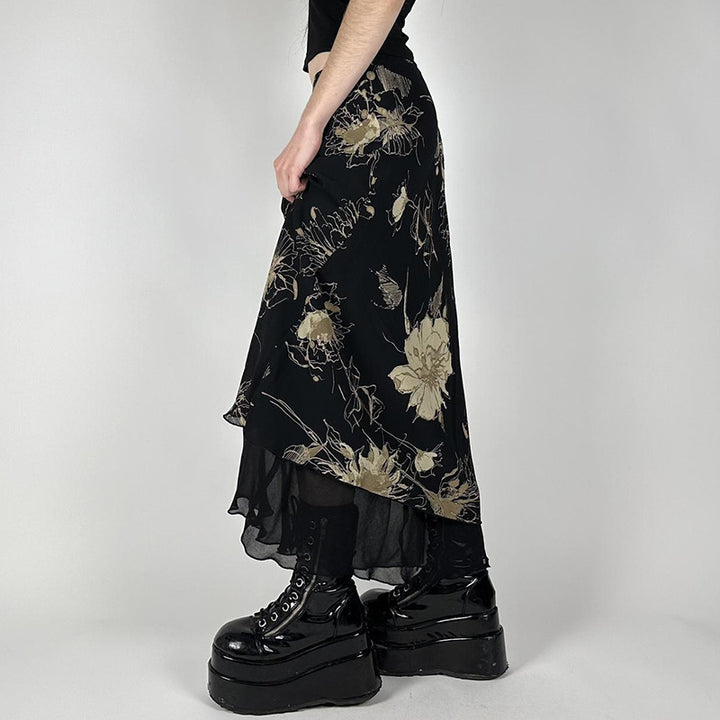 Damen Eleganter Maxirock mit floralem Muster und transparentem Untergrund Echo Archiv