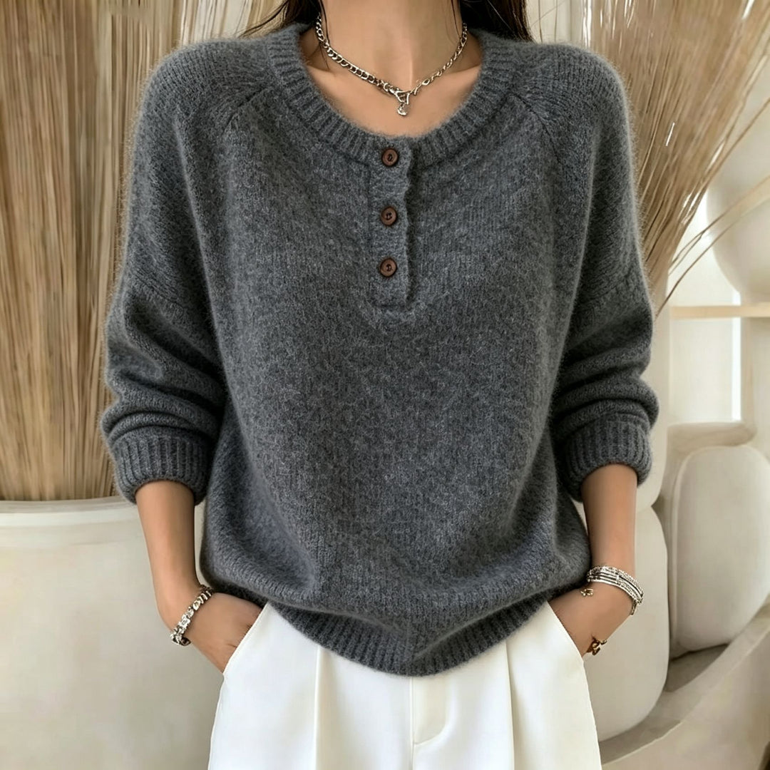 Damen Kuscheliger Rundhals-Henley-Pullover mit Knopfleiste und Raglanärmeln – Mavelle