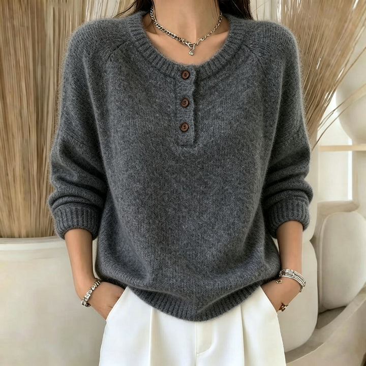 Damen Kuscheliger Rundhals-Henley-Pullover mit Knopfleiste und Raglanärmeln – Mavelle