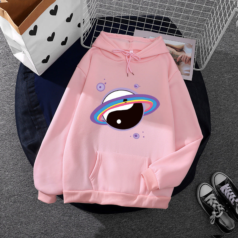 Damen Oversized Kapuzenpullover aus Baumwollmischung mit Planeten-Yin‑Yang-Grafik und Kängurutasche – Auréline