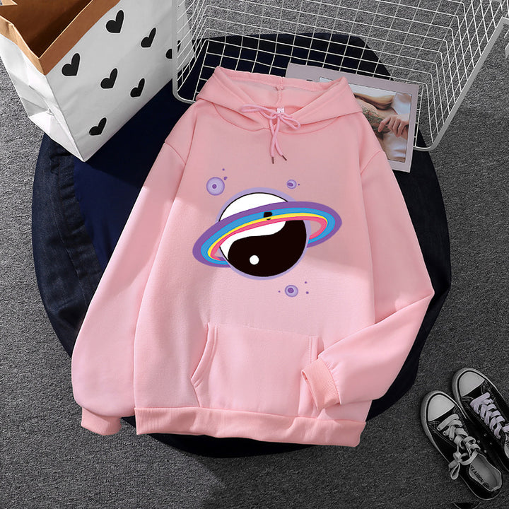 Damen Oversized Kapuzenpullover aus Baumwollmischung mit Planeten-Yin‑Yang-Grafik und Kängurutasche – Auréline