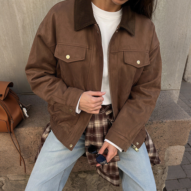Damen Modische Velours-Lederjacke mit Cordkragen Echo Archiv