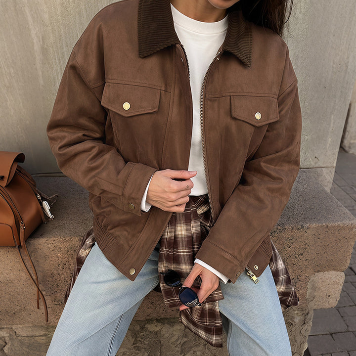 Damen Modische Velours-Lederjacke mit Cordkragen Echo Archiv