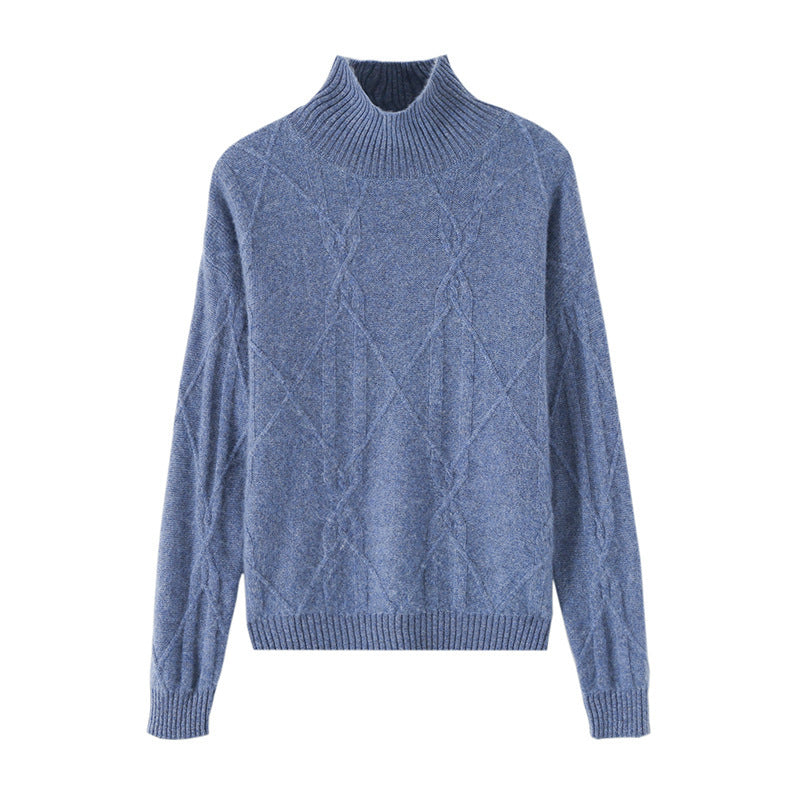 Damen Weicher Mohair‑Look Pullover mit hohem Rippkragen, Zopfmotiv und kastiger Oversize‑Passform Echoarchiv