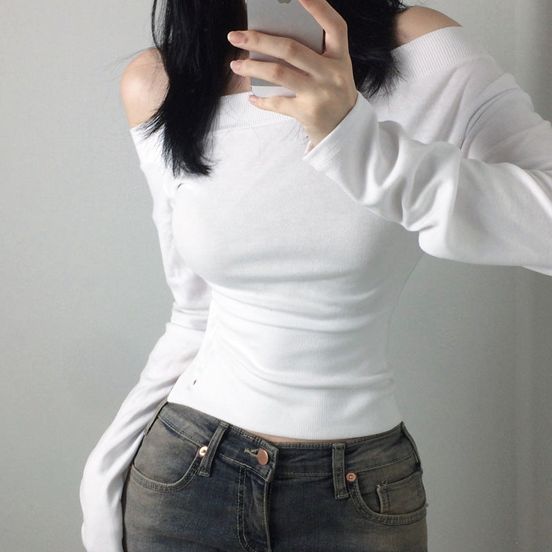 Damen nan schulterfreies Langarmshirt mit taillierter Silhouette und seitlicher Knopfleiste Echo Archiv