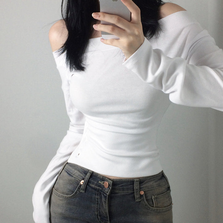 Damen nan schulterfreies Langarmshirt mit taillierter Silhouette und seitlicher Knopfleiste Echo Archiv