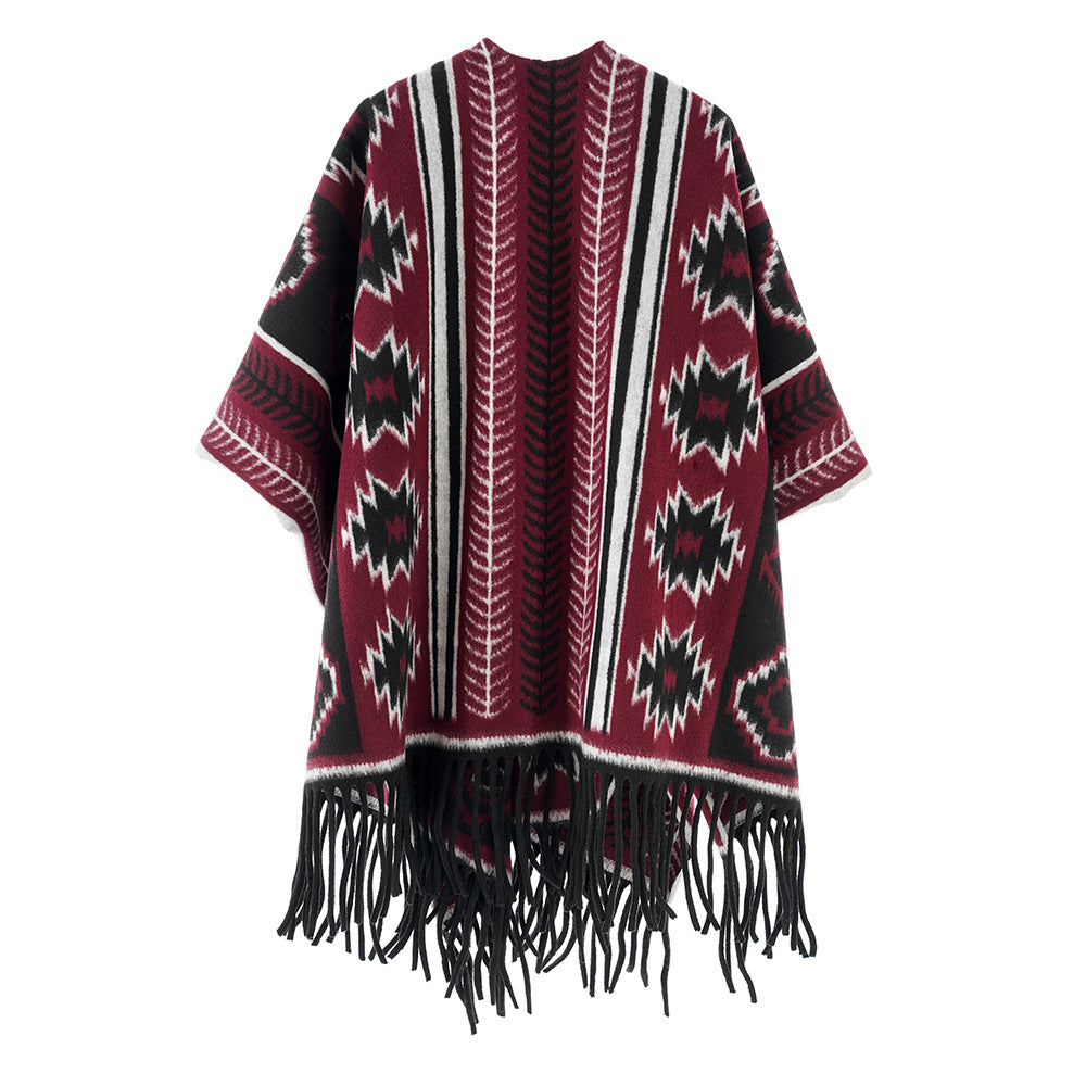 Damen Azteken‑inspiriertes Fransen‑Poncho‑Cape im Oversize‑Rechteckschnitt – Avérine
