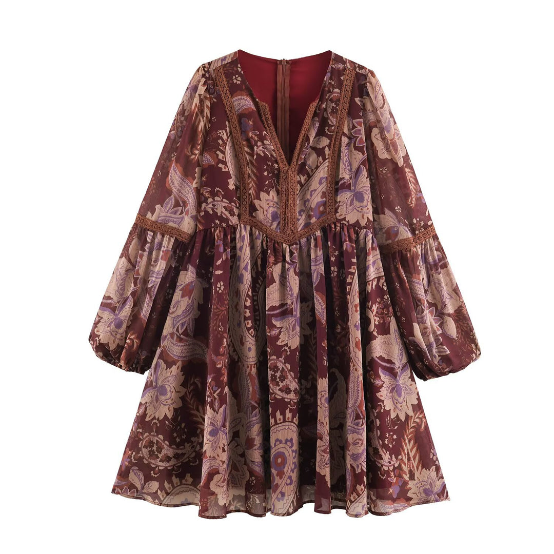 Damen Boho-Minikleid mit V-Ausschnitt, Spitzenbesatz und Ballonärmeln Echoarchiv