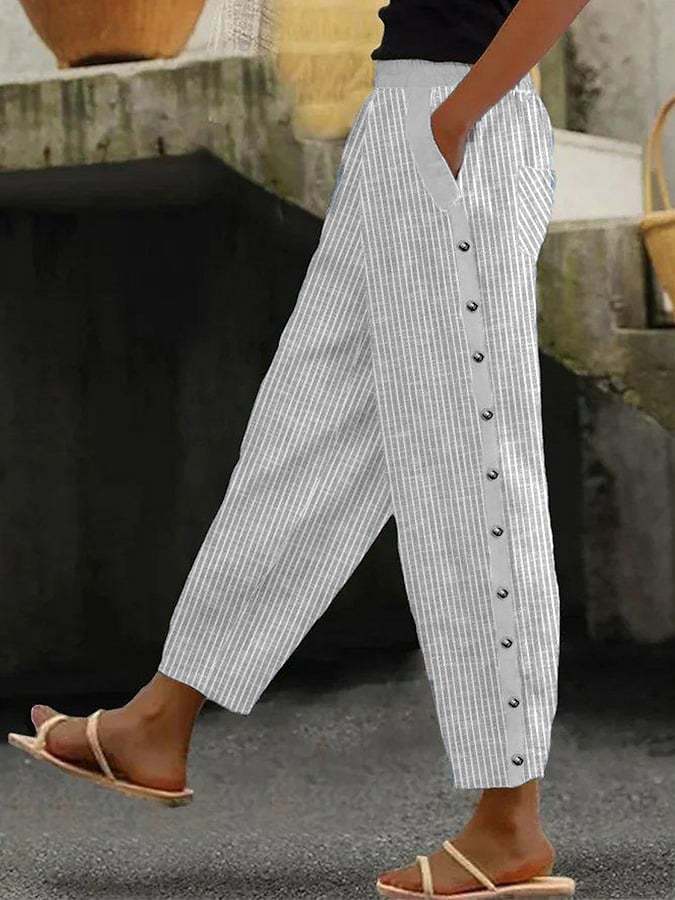 Damen Culotte-Hosen mit hohem elastischem Bund, seitlichem Knopfverschluss und Taschen – Avélisse