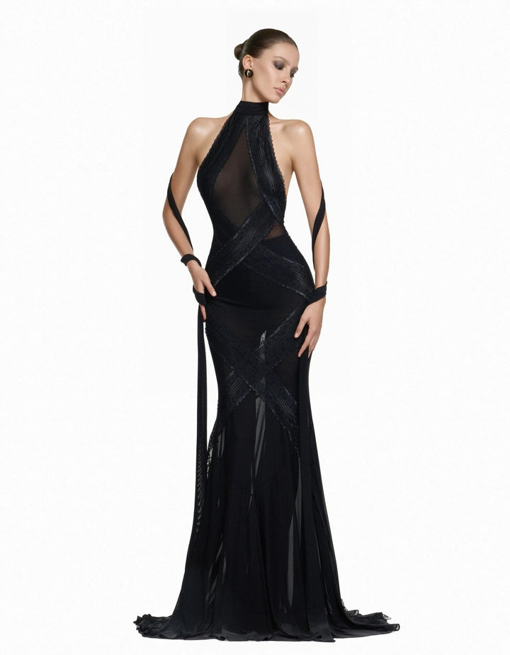 Damen Glamouröses Langarmkleid mit transparenten Einsätzen und raffinierten Drapierungen Echo Archiv