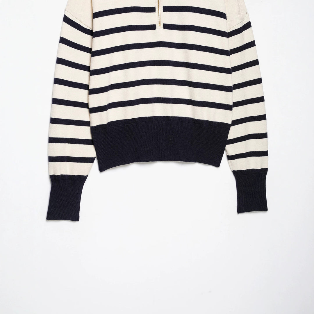 Damen Gestreifter Half-Zip Strickpullover mit Stehkragen Echoarchiv