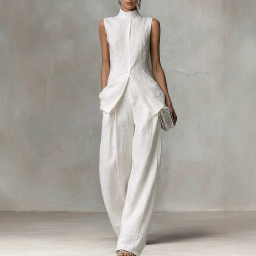 Damen Ärmelloser Leinen-Jumpsuit mit Stehkragen und weitem Bein Echoarchiv