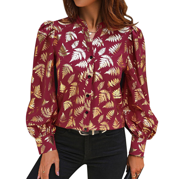 Damen Satin-Bluse mit metallischem Farnprint, Stehkragen & Puffärmeln Echoarchiv