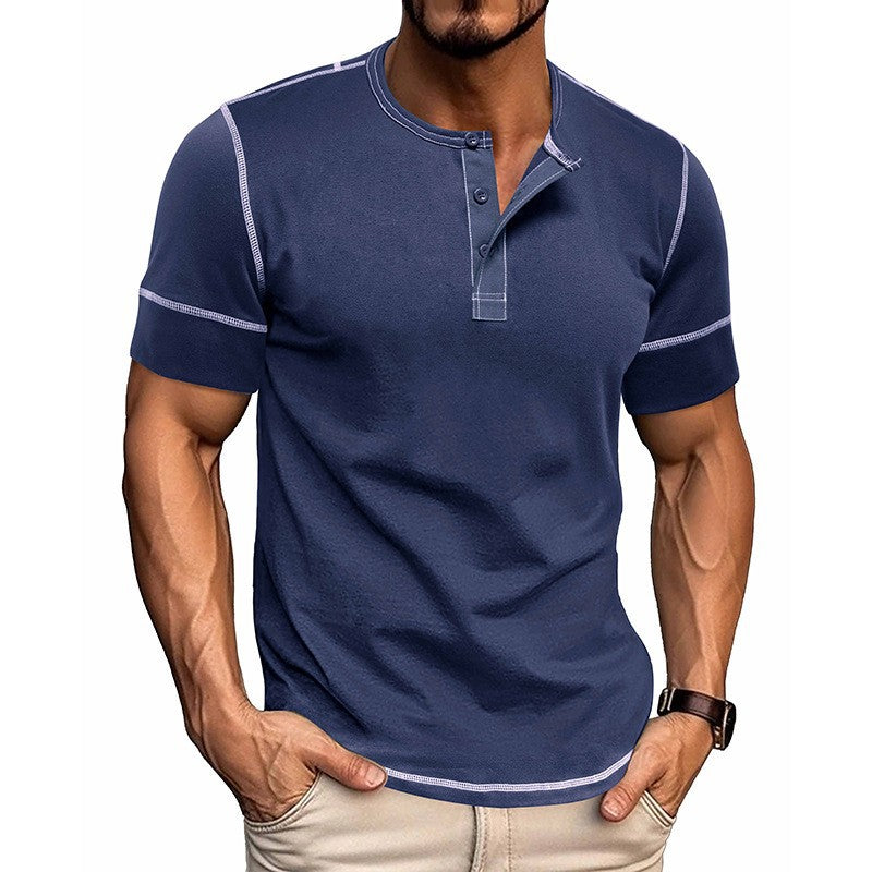 Herren Kurzarm Hemd mit modernem Henley-Kragen und stilvollen Kontrastnähten Echoarchiv