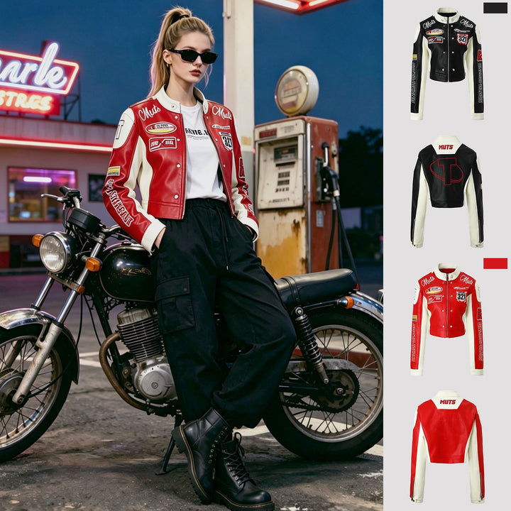 Damen Trendige Bikerjacke mit aufgestickten Patches Echo Archiv