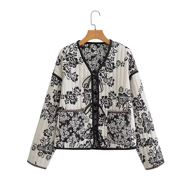 Damen Gestepptes Kurzblouson mit floralem Allover-Print und Bindeschleifen Echo Archiv