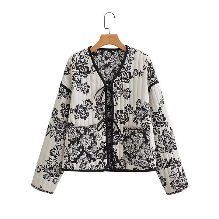 Damen Gestepptes Kurzblouson mit floralem Allover-Print und Bindeschleifen Echo Archiv