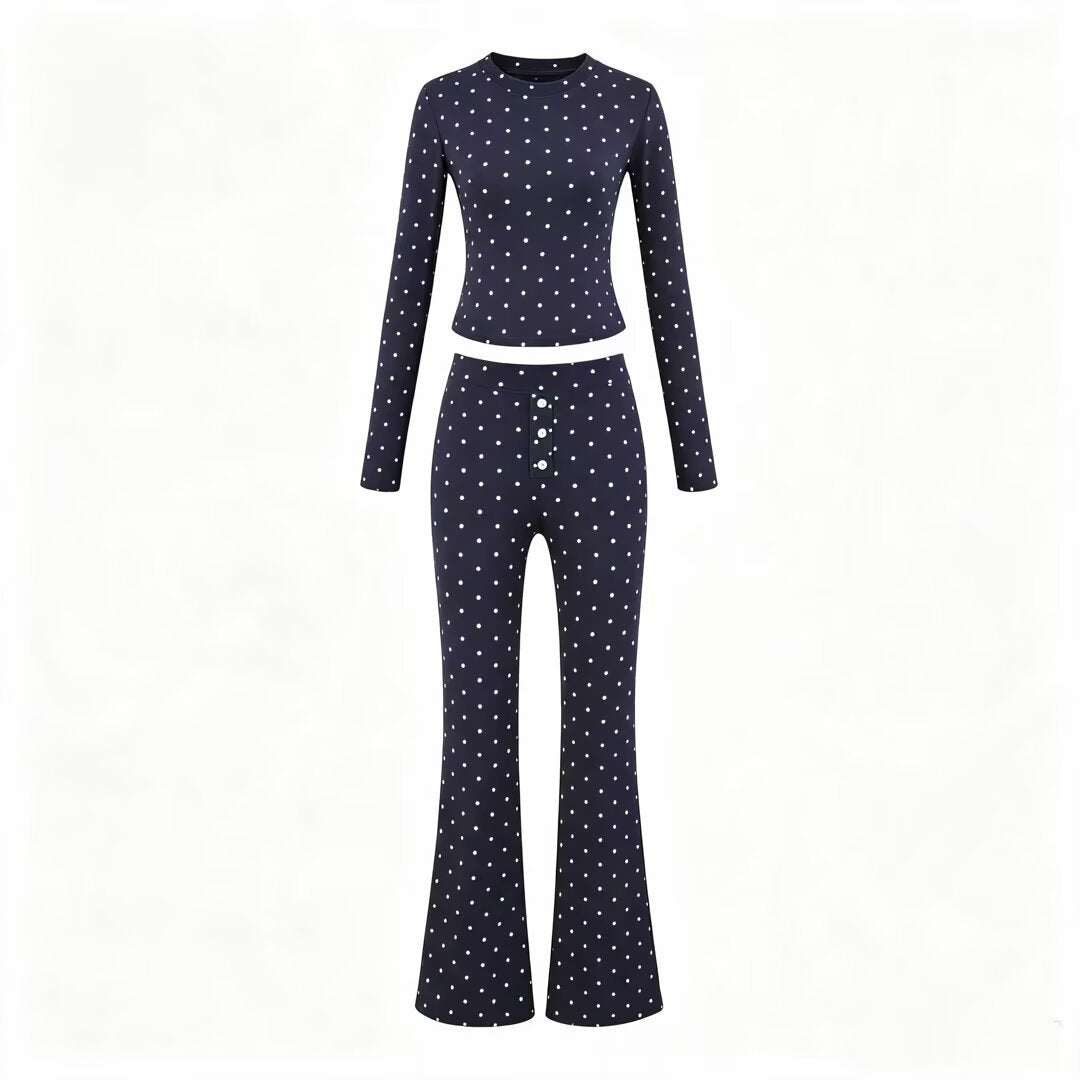 Damen Zweiteiliges Stretch-Jersey Lounge-Set mit Cropped Longsleeve und High‑Waist Schlaghose Echoarchiv