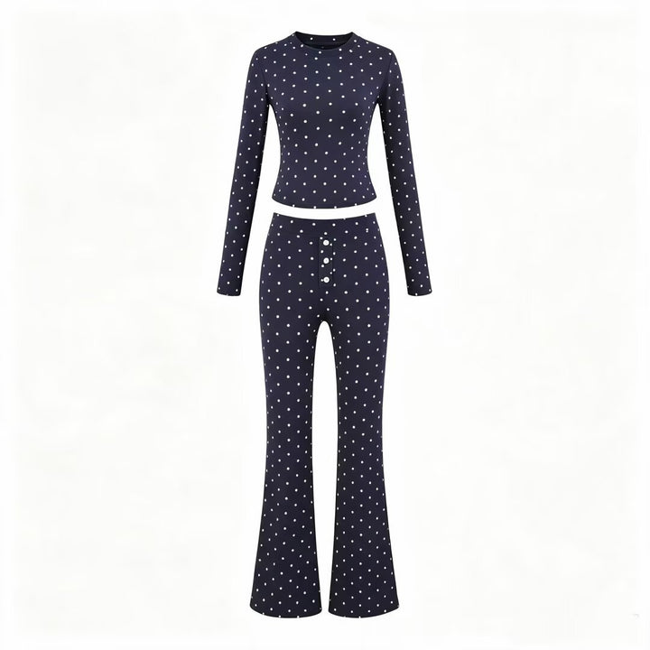 Damen Zweiteiliges Stretch-Jersey Lounge-Set mit Cropped Longsleeve und High‑Waist Schlaghose Echoarchiv