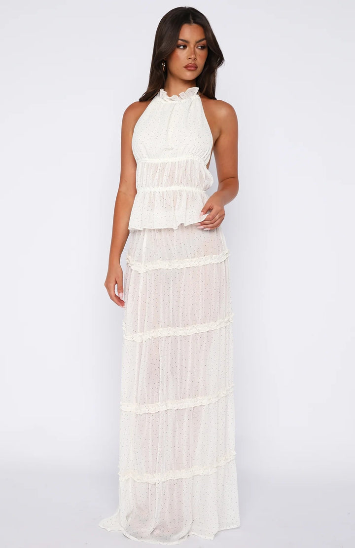 Damen Langärmliges Maxikleid mit elegantem Rüschen-Design und transparentem Stoff Echo Archiv