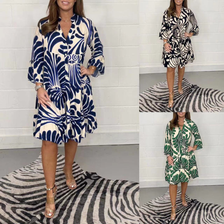 Damen-Tellerkleid mit großem Blattdruck, V-Ausschnitt und Dreiviertelärmeln – Valéora