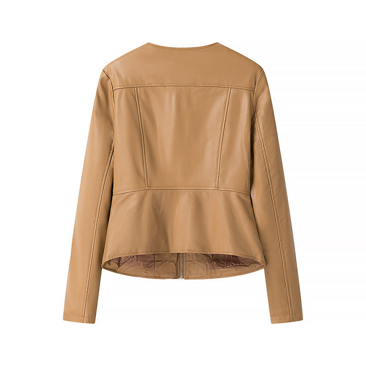Damen leichte vegane Lederjacke mit Rundhalsausschnitt, tailliertem Schnitt und durchgehendem Reißverschluss – Velloura