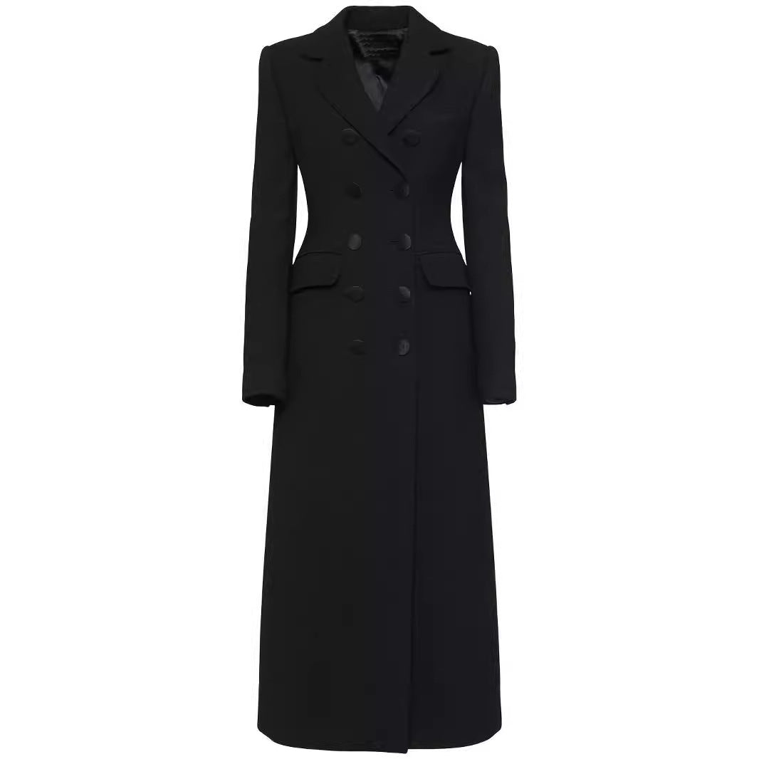 Damen Doppelreihiges tailliertes Blazerkleid mit Maxi‑Länge und Pattentaschen Echoarchiv