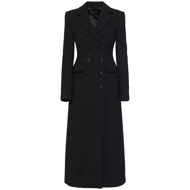Damen Doppelreihiges tailliertes Blazerkleid mit Maxi‑Länge und Pattentaschen Echoarchiv