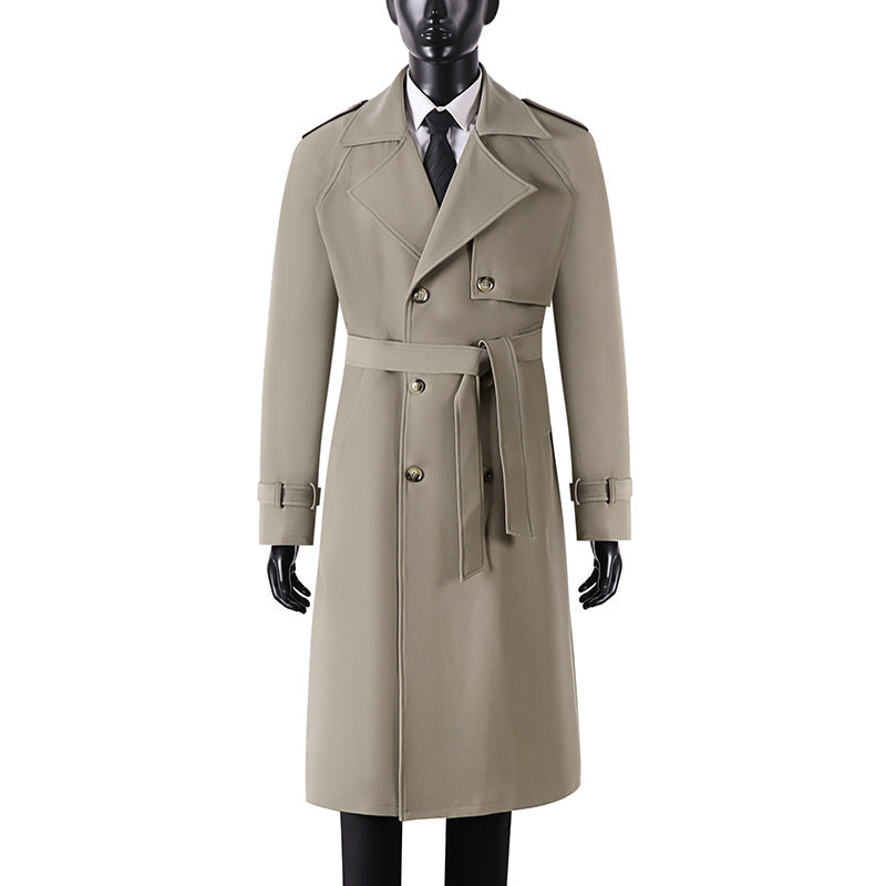 Herren Langer Minimalistischer Trenchcoat mit Sturmklappe Taillengürtel und verstellbaren Manschetten Echoarchiv