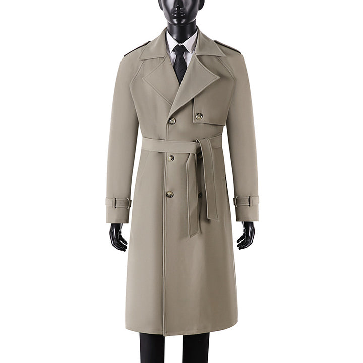 Herren Langer Minimalistischer Trenchcoat mit Sturmklappe Taillengürtel und verstellbaren Manschetten Echoarchiv