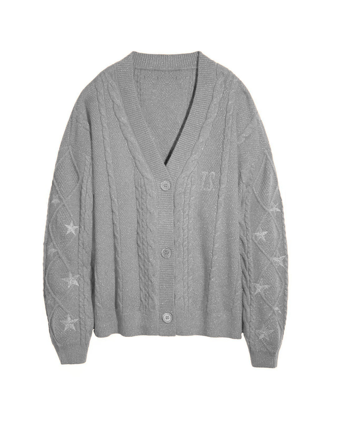 Damen nan großzügiger Grobstrick-Cardigan mit Zopfmuster, V-Ausschnitt und Sternstickereien Echo Archiv