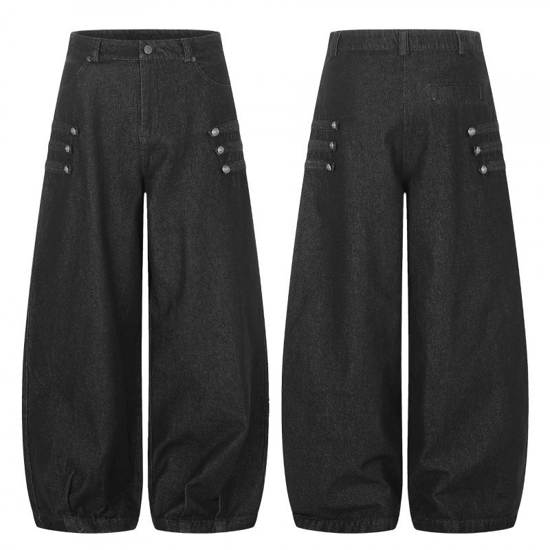 Damen Taillehohe Ballon-Jeanshose mit weitem Bein, Knopfdetail und elastischem Saum Echo Archiv