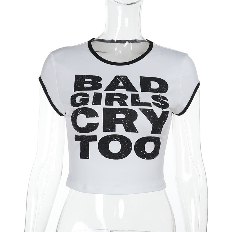 Damen Kurz geschnittenes Statement-Cropped-T-Shirt mit Ringer-Bündchen und figurbetonter Passform Echo Archiv