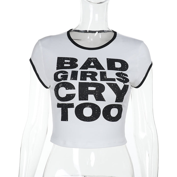 Damen Kurz geschnittenes Statement-Cropped-T-Shirt mit Ringer-Bündchen und figurbetonter Passform Echo Archiv