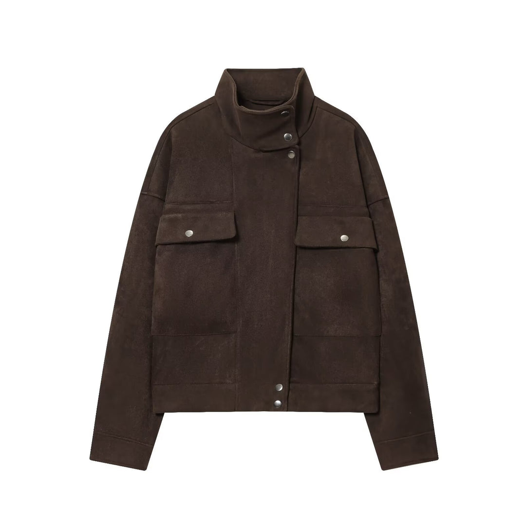 Damen Kurze Boxy‑Jacke in Velourslederoptik mit hohem Funnelkragen Echoarchiv