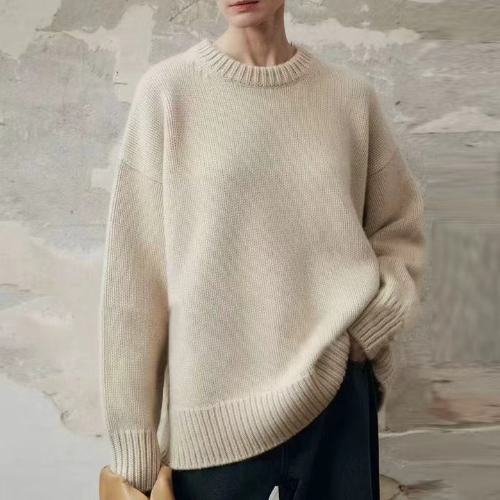Damen Oversize-Feinstrickpullover mit Rundhals, fallender Schulter und geripptem Saum Echoarchiv