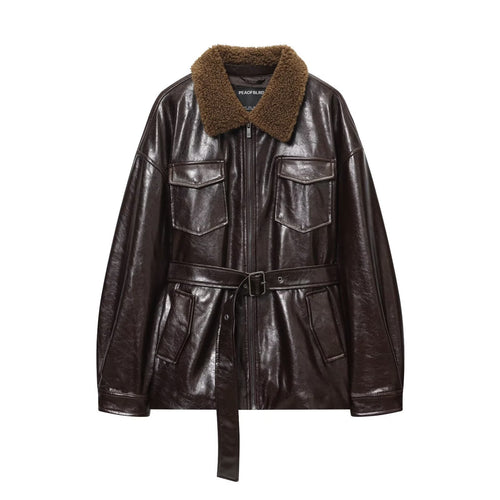 Damen Oversized Lederimitat-Jacke mit Teddykragen und Taillengürtel Echoarchiv