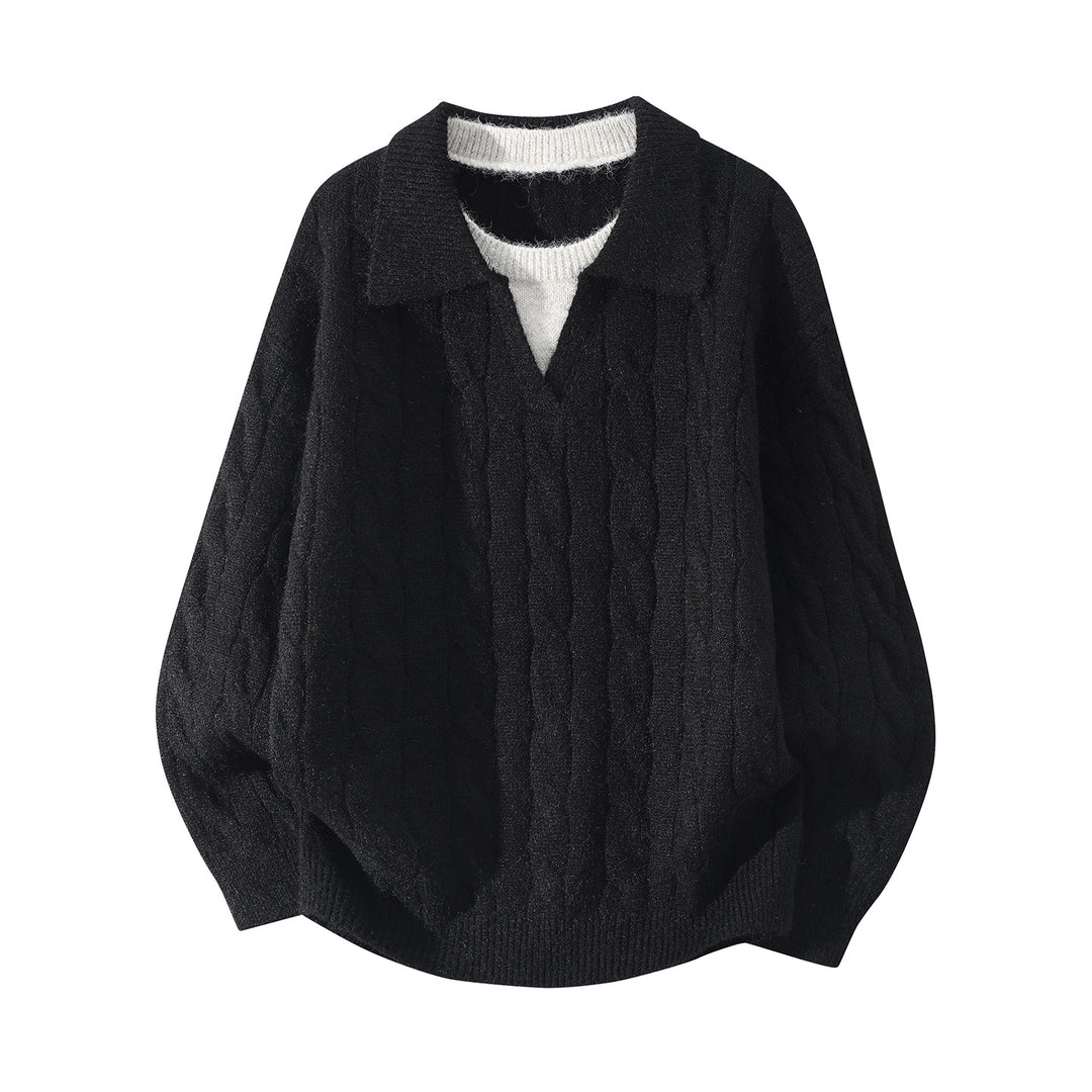 Damen Oversize Zopfmuster-Pullover mit offenem Polokragen & Layer‑Look Echoarchiv