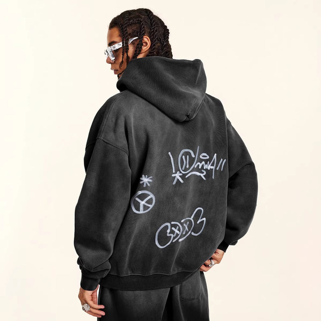 Unisex nan oversized Kapuzenjacke mit durchgehendem Reißverschluss, gebürstetem Fleecefutter und handähnlichem Sprayprint Echo Archiv