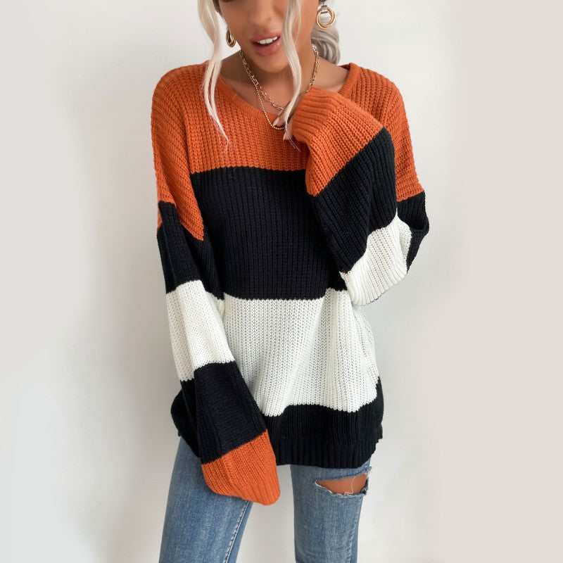 Damen Oversize Strickpullover mit schrägem Carmen-Ausschnitt und breiten Farbblöcken Echoarchiv