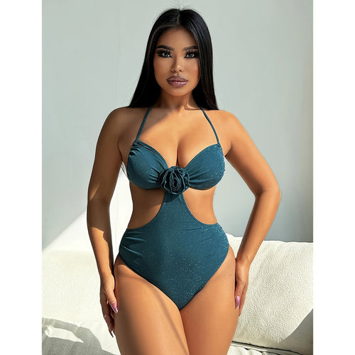 Damen Einteiliger Cut-Out Badeanzug mit floralem Design und glamourösen Akzenten Echo Archiv