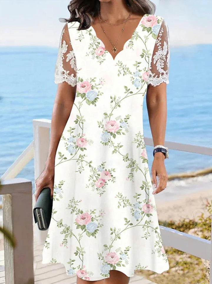 Damen nan A-Linien-Midikleid mit wellenförmigem V-Ausschnitt, ganzflächigem Blumenmuster und transparenten Spitzenärmeln Echo Archiv