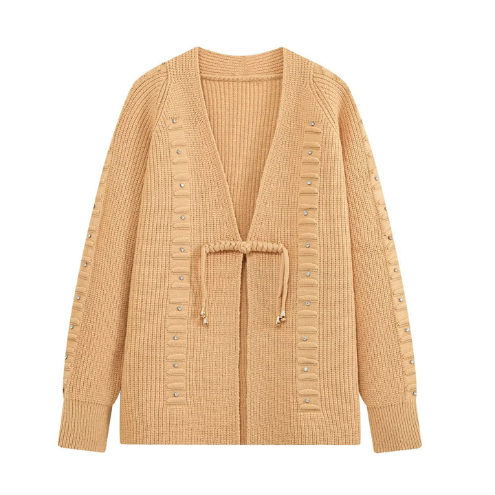Damen Grobgestrickter Longcardigan mit Ziersteinen und Kordelbindung Echo Archiv