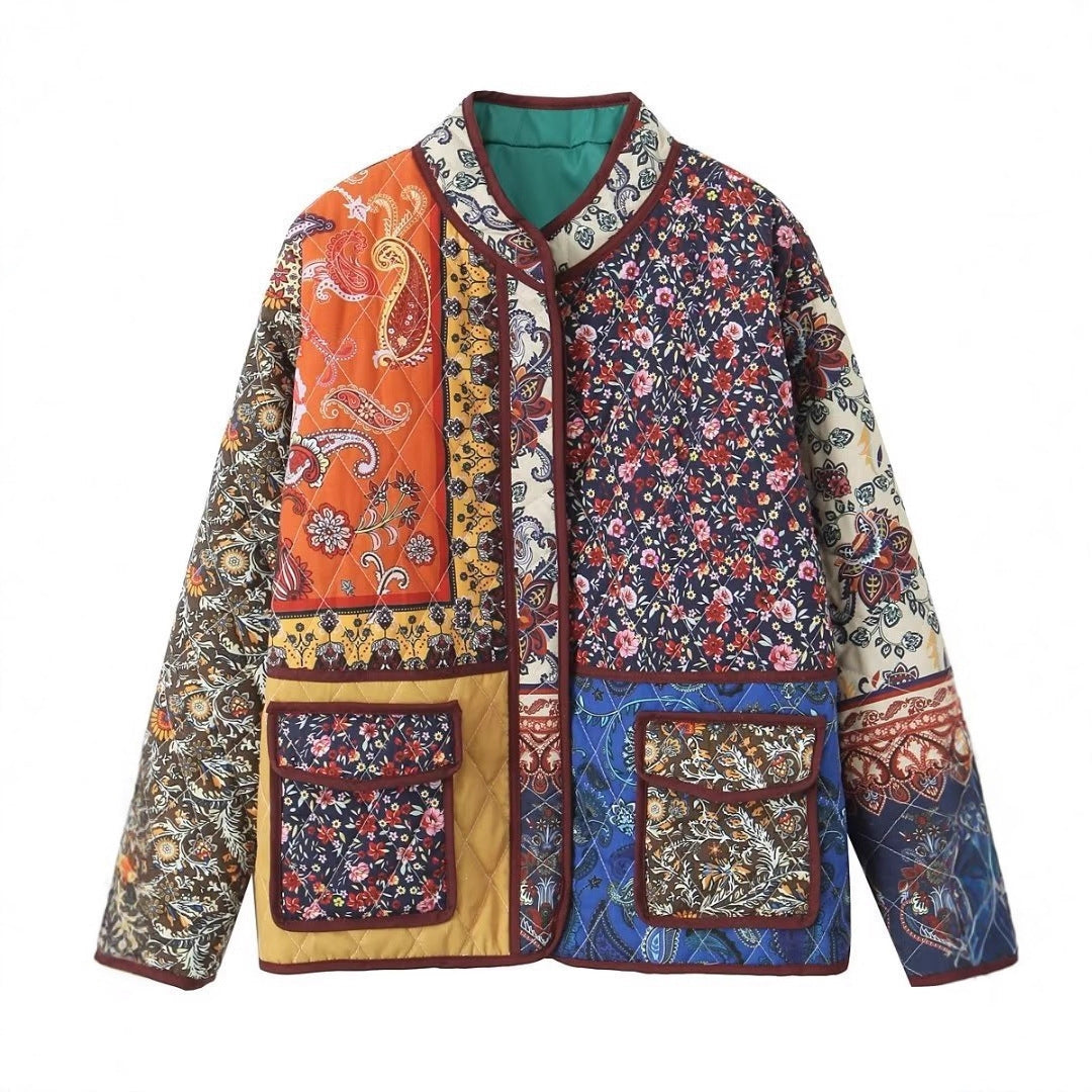 Damen Oversize Patchwork-Steppjacke mit Stehkragen und aufgesetzten Taschen – Célinea