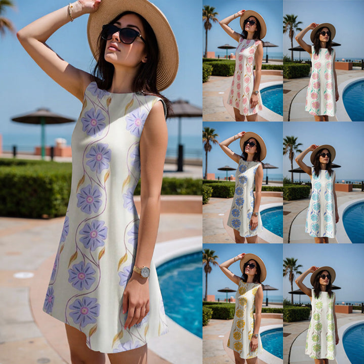 Damen Leichtes Ärmelloses Shift‑Midikleid mit zartem Blumenprint und geradem Ausschnitt – Élara